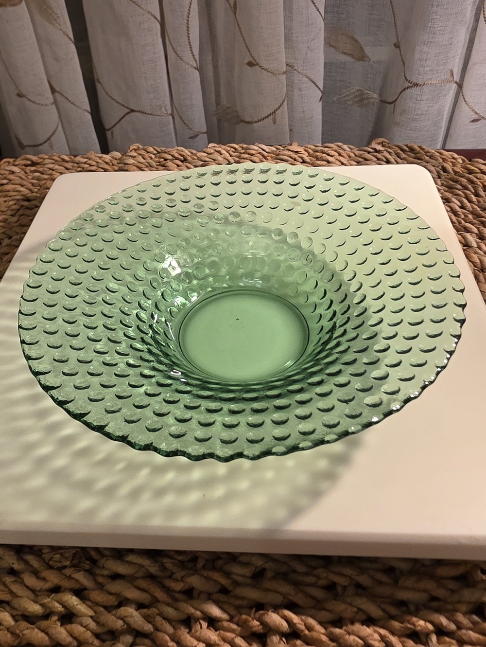 Fenton Green Hobnail Glass Candy Dish Bowl Scalloped Edge | Mid Century Modern